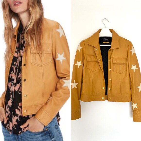 Maison Scotch Tan Star Print Leather Jacket XS - Picture 1 of 7